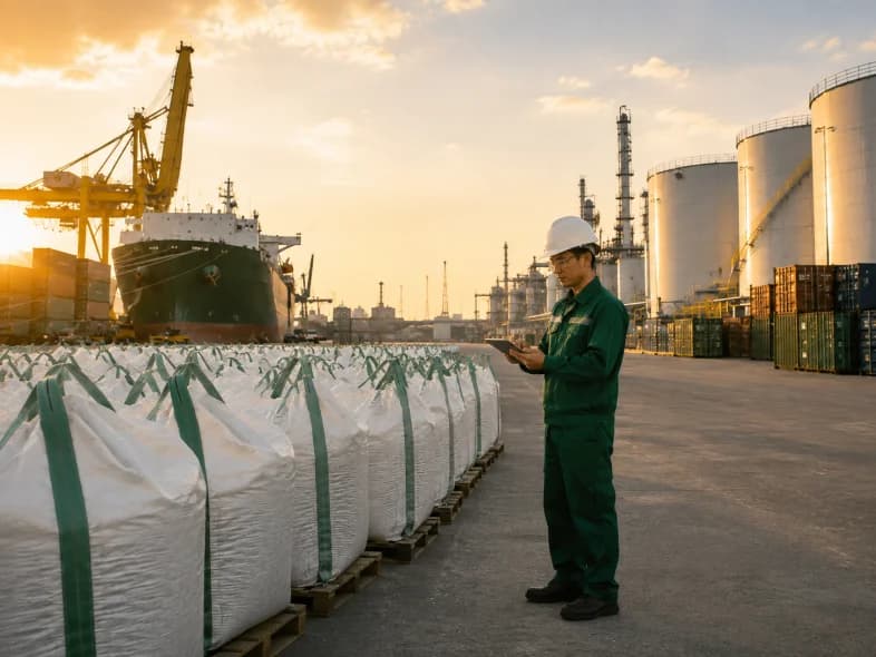 Worker in green coveralls and a hard hat checking rows of white bulk fertilizer bags on a quay, with a cargo ship and storage tanks behind