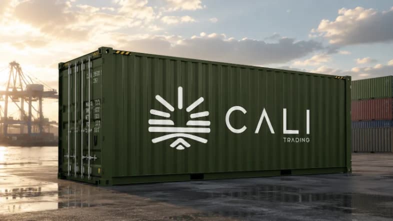 Green CALI Trading-branded shipping container standing on a wet dockside at sunset, with port cranes and stacked containers behind