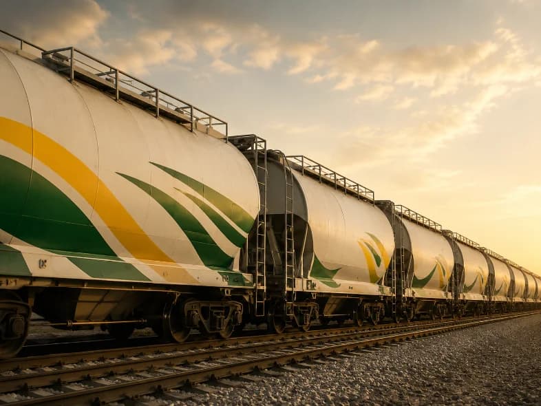 Freight train of white hopper wagons with green and yellow livery on a railway line at sunset