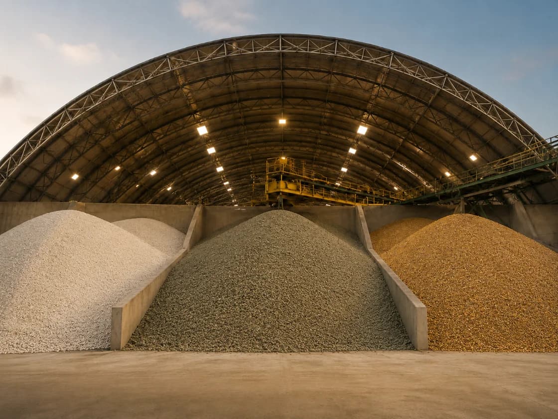 Bulk fertilizer stockpiles heaped inside a covered storage dome, with a conveyor gantry overhead