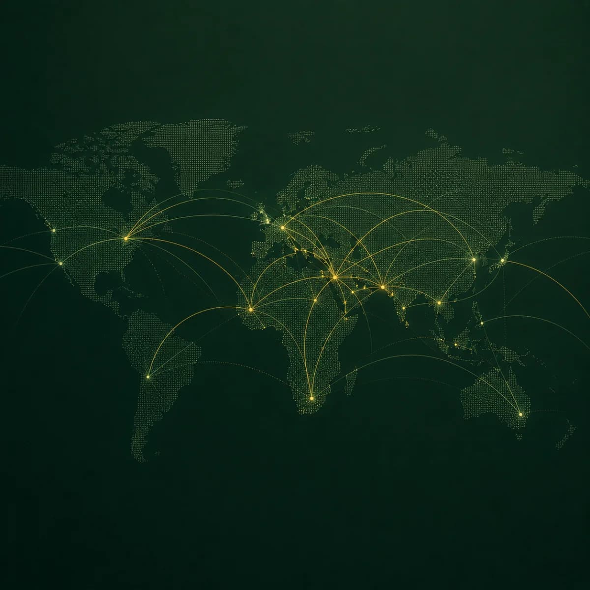Dark green world map with glowing amber arcs linking trading hubs across the Middle East, Africa, Europe, Asia, and the Americas