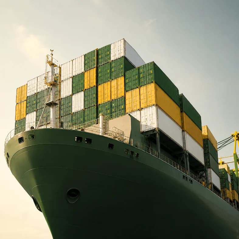 Bow of a green cargo ship stacked high with green, yellow, and white shipping containers, seen from low on the water